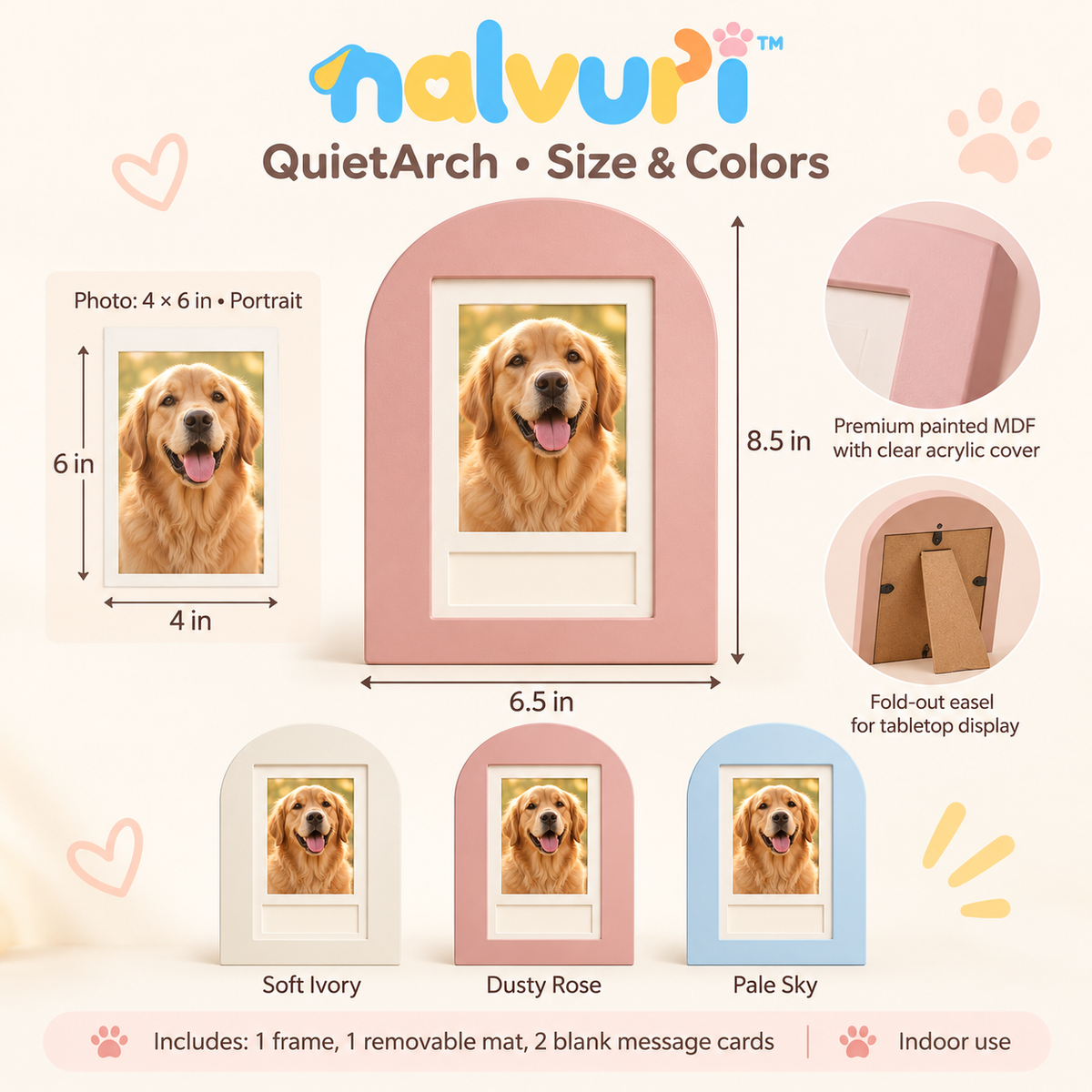 nalvuri™ QuietArch Pet Memorial Picture Frame, 4 × 6 Photo Display for Dogs & Cats, Arched Tabletop Remembrance Keepsake
