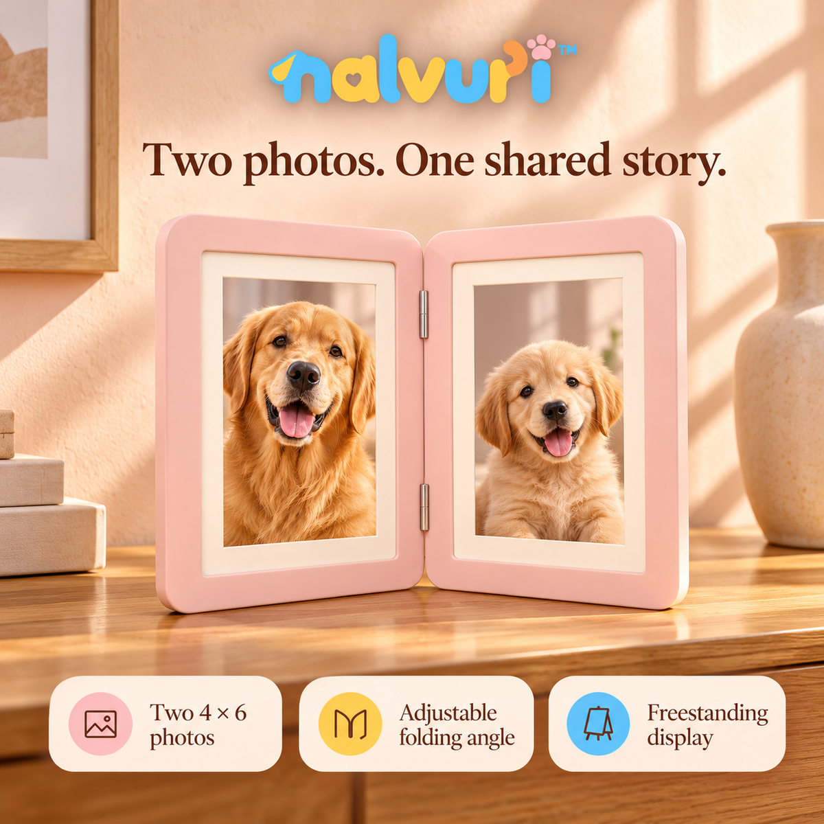 nalvuri™ TogetherFold Double Pet Photo Frame, Two 4 × 6 Pictures, Hinged Dog & Cat Memorial Tabletop Display