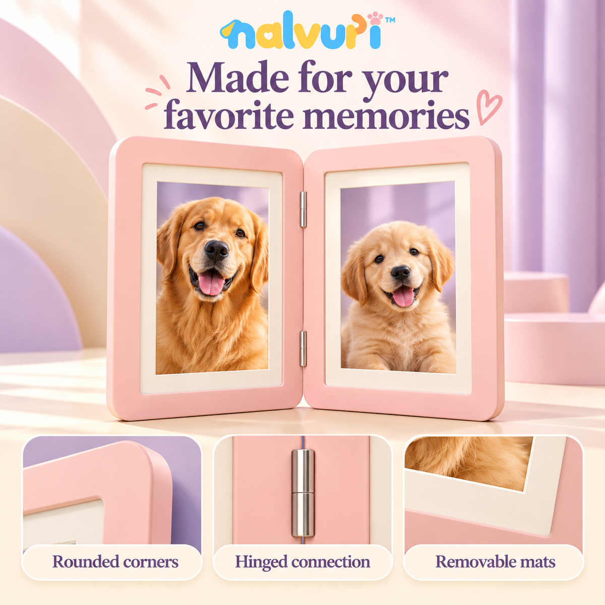 nalvuri™ TogetherFold Double Pet Photo Frame, Two 4 × 6 Pictures, Hinged Dog & Cat Memorial Tabletop Display