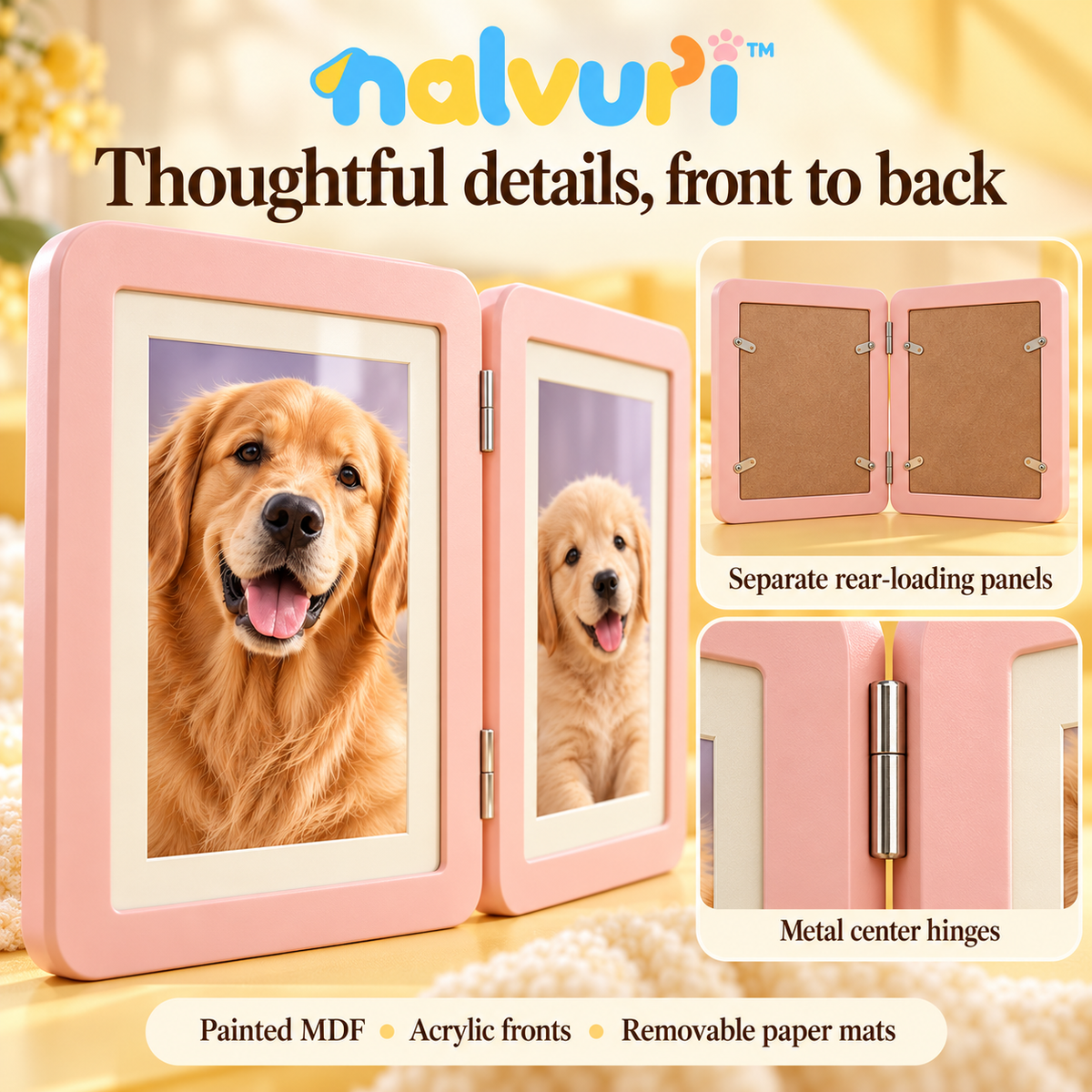 nalvuri™ TogetherFold Double Pet Photo Frame, Two 4 × 6 Pictures, Hinged Dog & Cat Memorial Tabletop Display