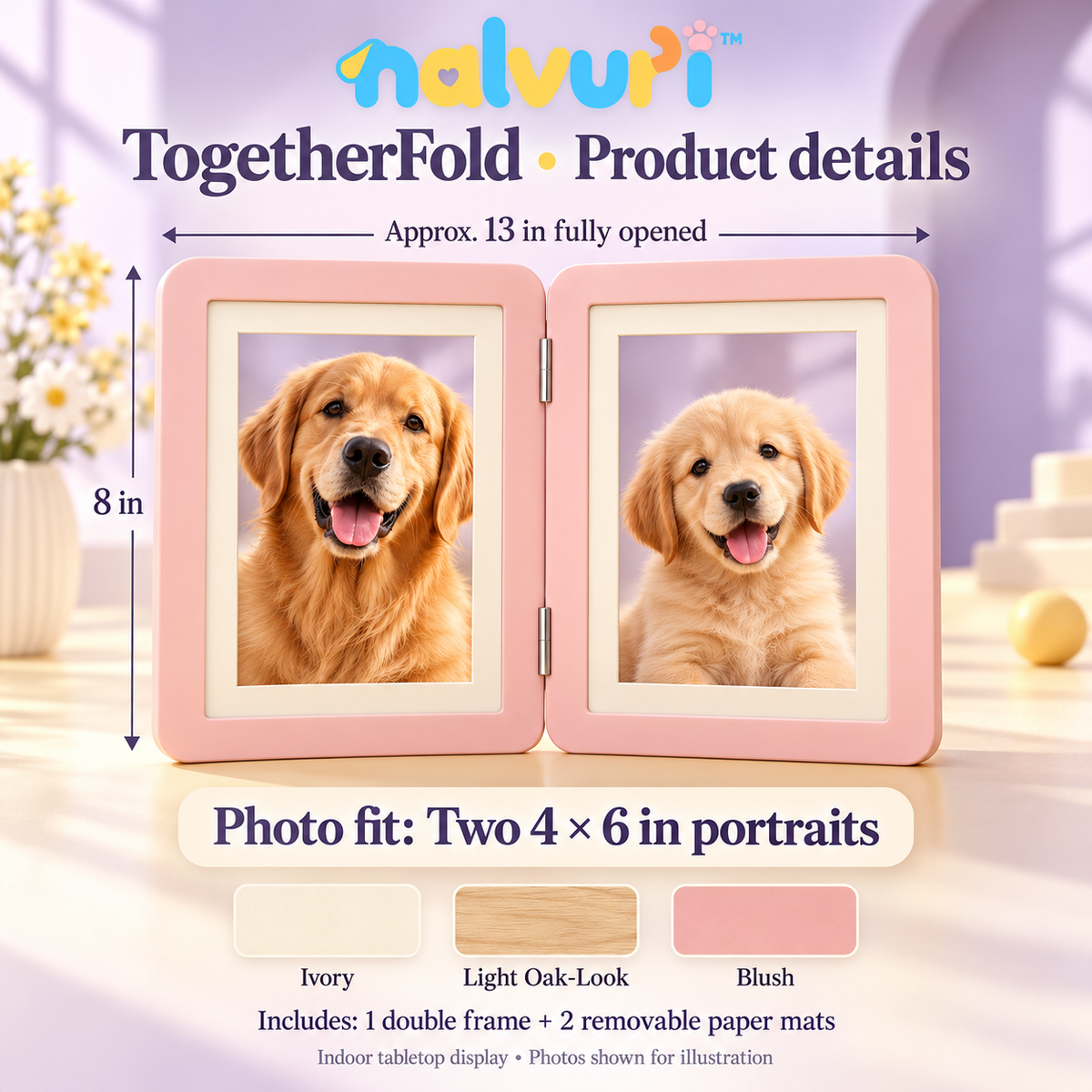 nalvuri™ TogetherFold Double Pet Photo Frame, Two 4 × 6 Pictures, Hinged Dog & Cat Memorial Tabletop Display