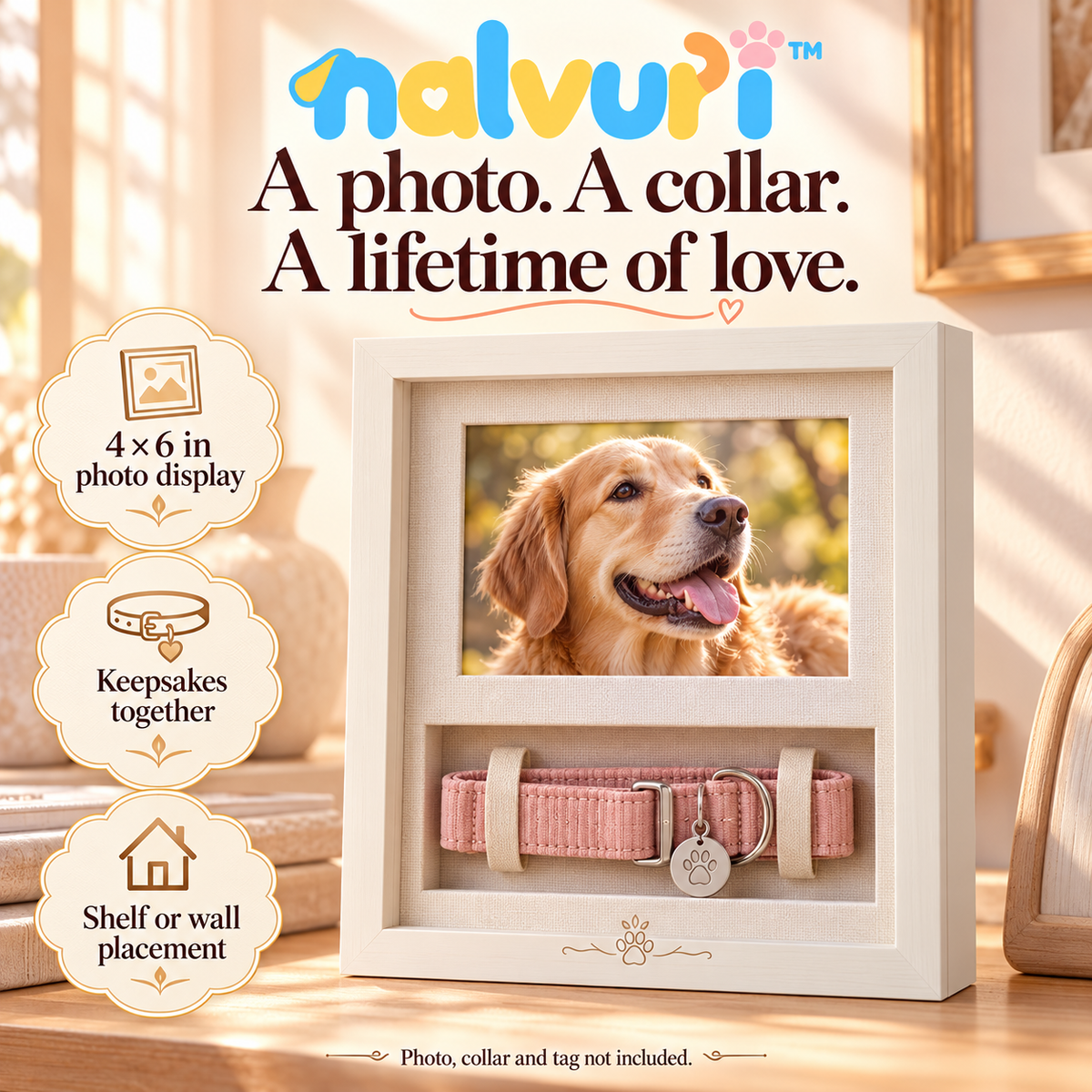nalvuri™ CollarStory Pet Memorial Shadow Box Frame, 4 × 6 Photo & Collar Display, Dog or Cat Remembrance Keepsake