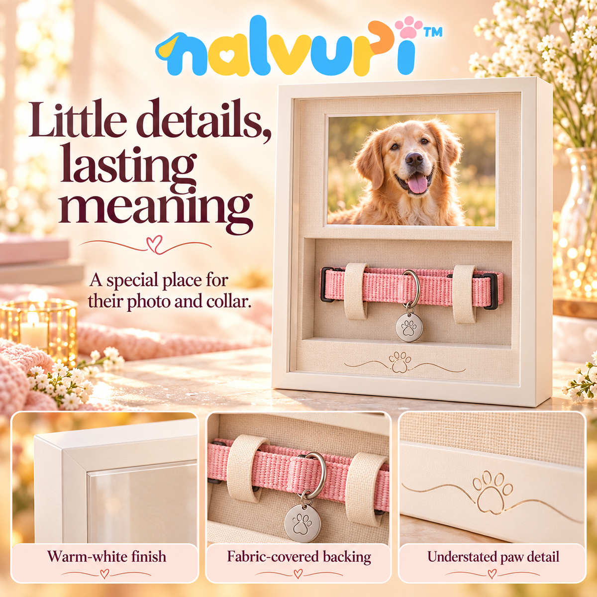 nalvuri™ CollarStory Pet Memorial Shadow Box Frame, 4 × 6 Photo & Collar Display, Dog or Cat Remembrance Keepsake