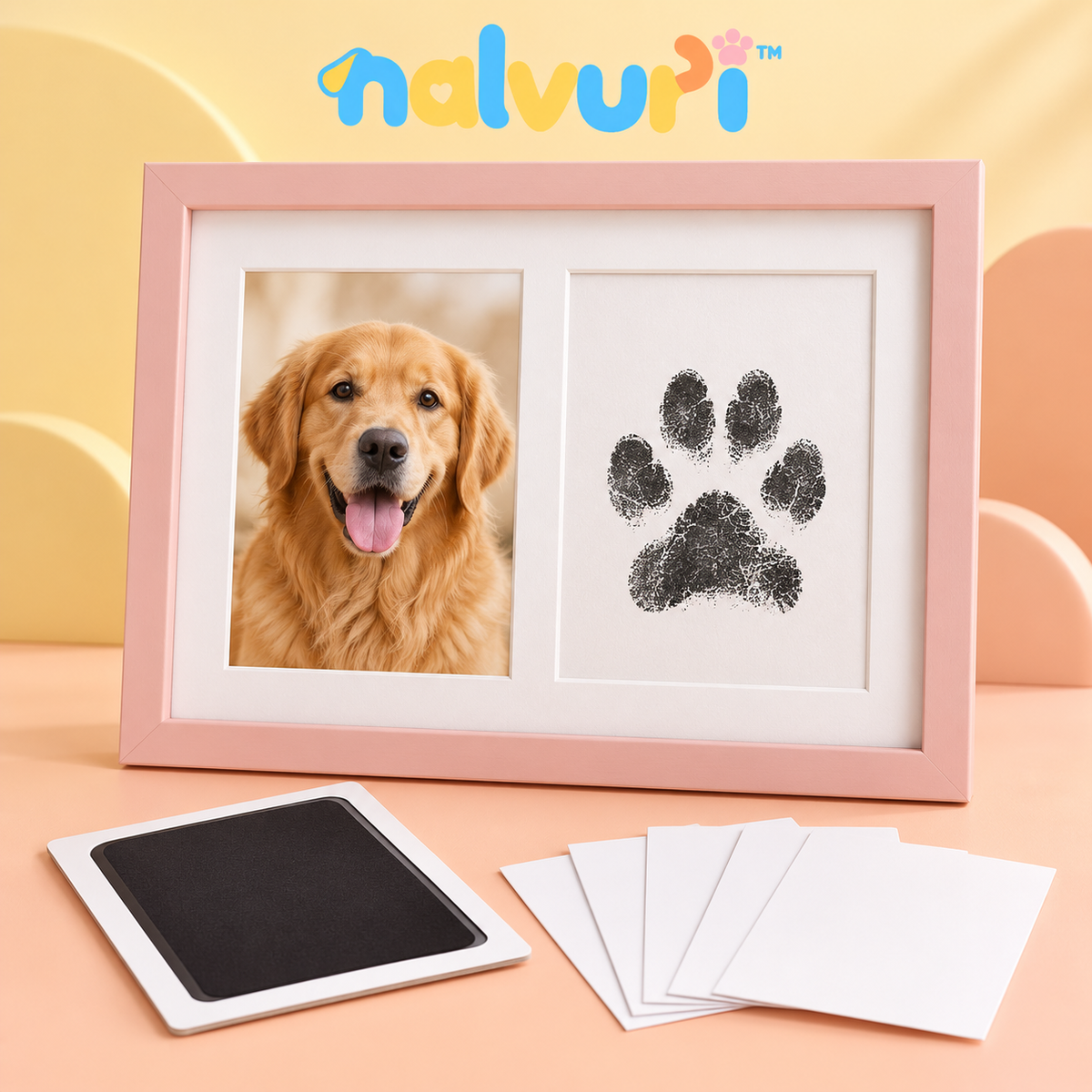 nalvuri™ PawPair Pet Paw Print & Photo Frame Kit, No-Ink-Contact Impression Pad, 4 × 6 Dog & Cat Keepsake Display