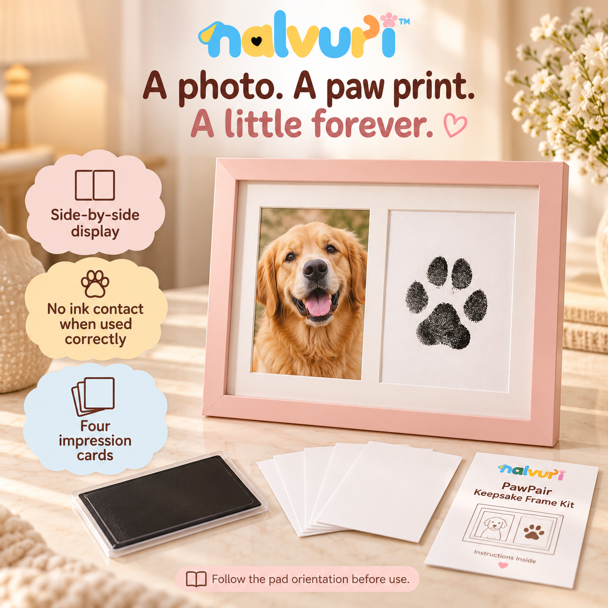 nalvuri™ PawPair Pet Paw Print & Photo Frame Kit, No-Ink-Contact Impression Pad, 4 × 6 Dog & Cat Keepsake Display