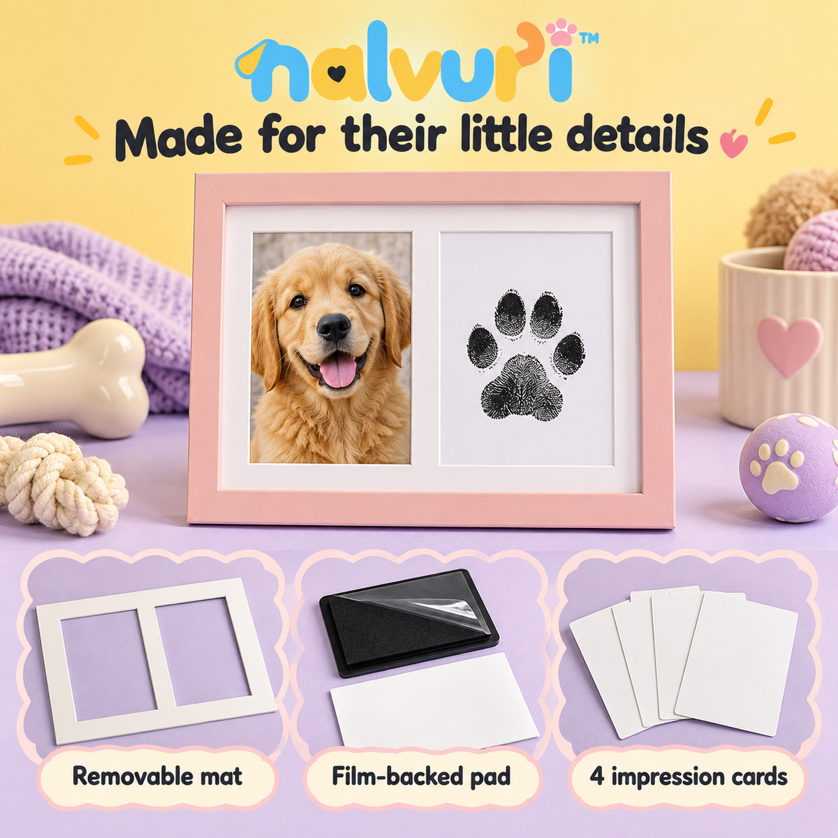 nalvuri™ PawPair Pet Paw Print & Photo Frame Kit, No-Ink-Contact Impression Pad, 4 × 6 Dog & Cat Keepsake Display