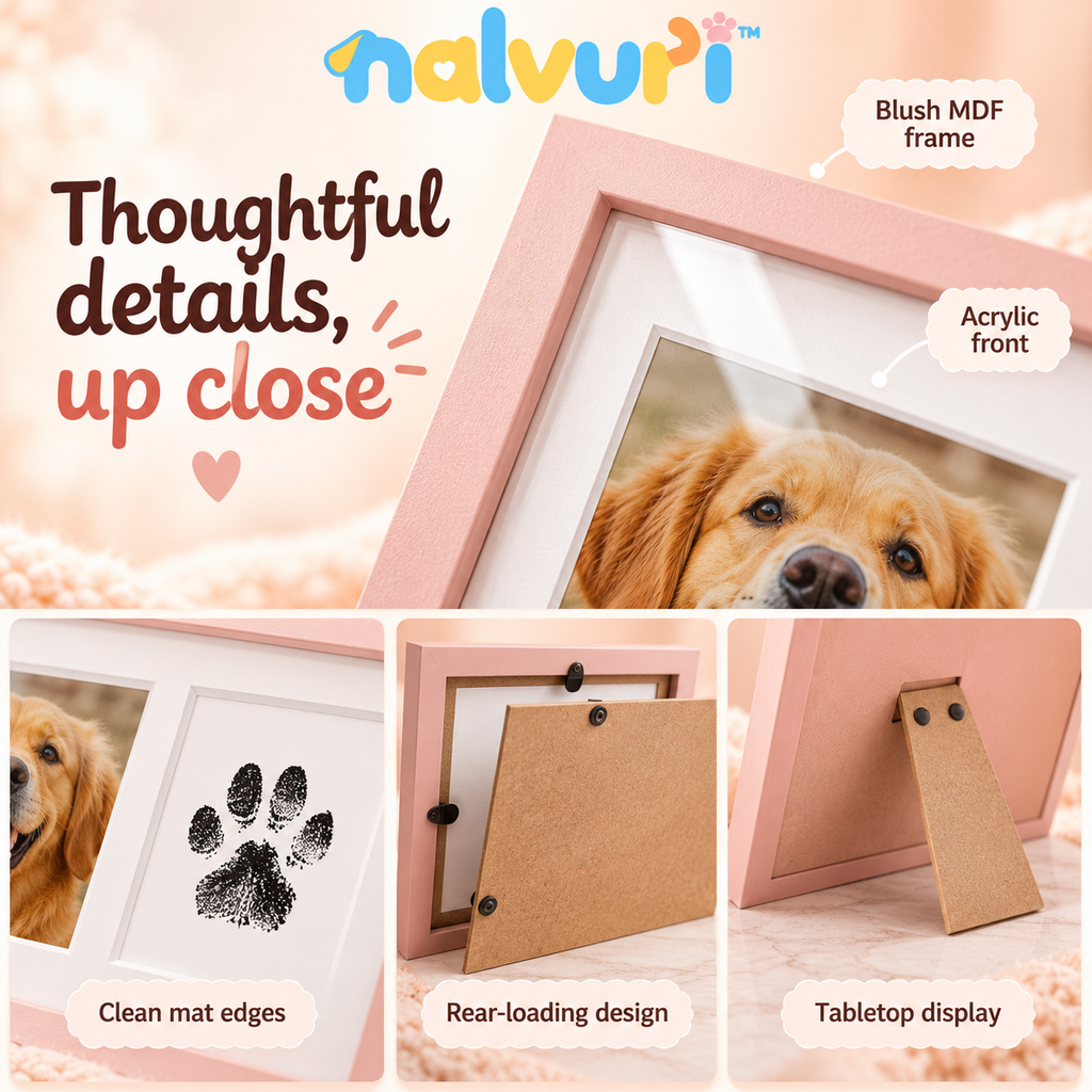 nalvuri™ PawPair Pet Paw Print & Photo Frame Kit, No-Ink-Contact Impression Pad, 4 × 6 Dog & Cat Keepsake Display