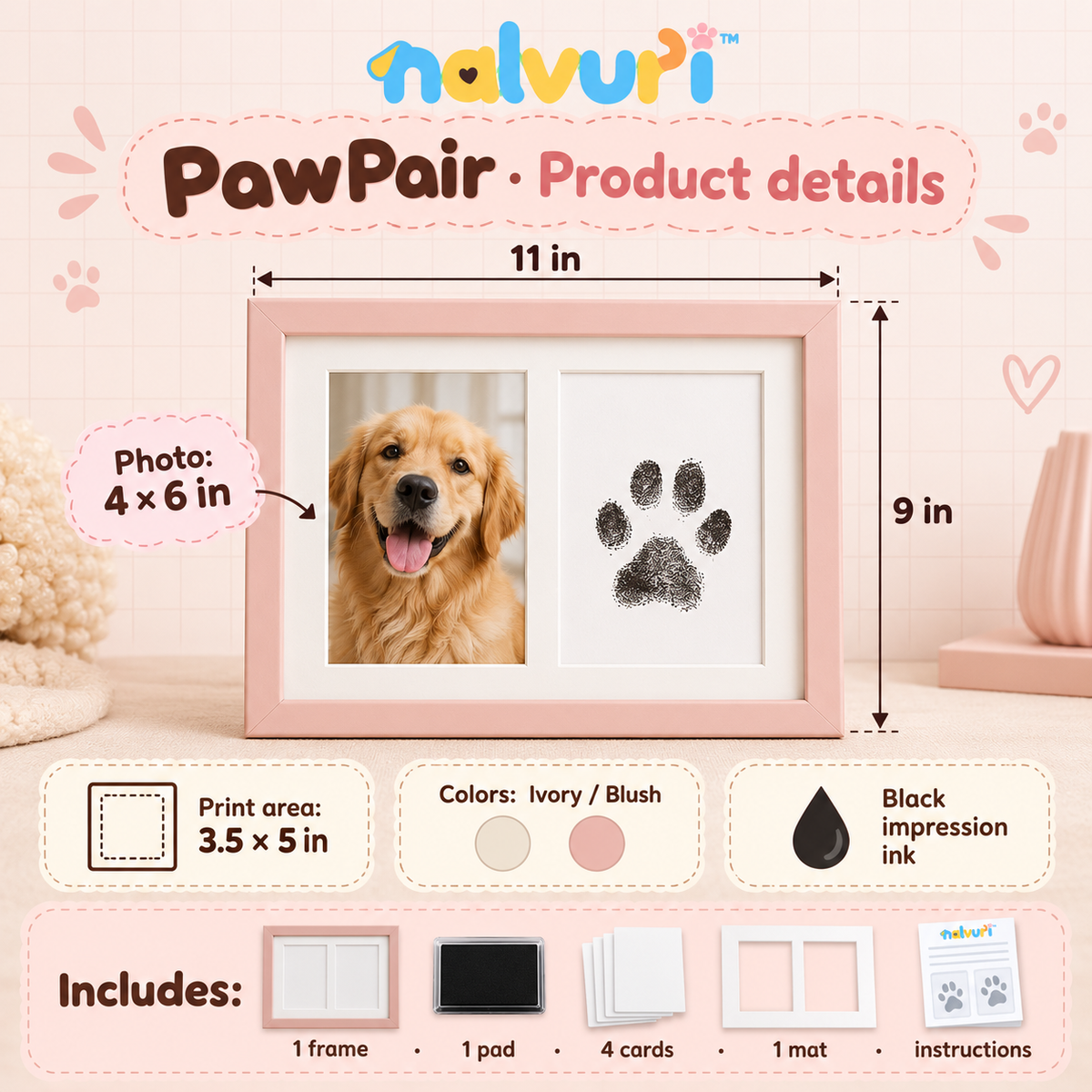 nalvuri™ PawPair Pet Paw Print & Photo Frame Kit, No-Ink-Contact Impression Pad, 4 × 6 Dog & Cat Keepsake Display