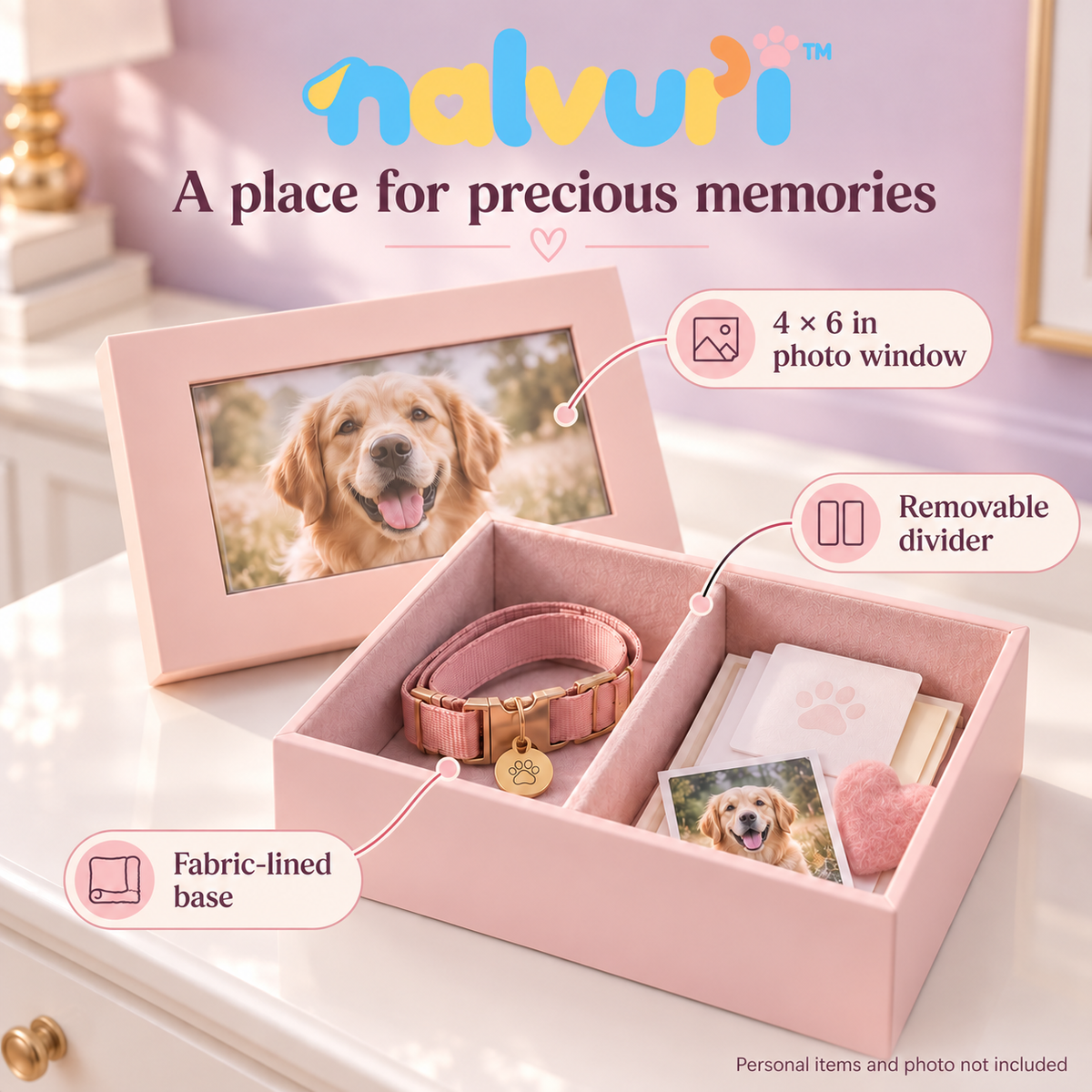 nalvuri™ MemoryNest Pet Keepsake Box, Photo-Lid Dog & Cat Memorial Storage for Collars, Tags, Cards & Small Mementos