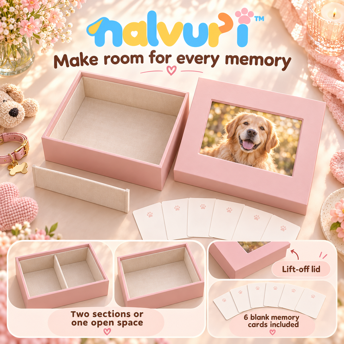 nalvuri™ MemoryNest Pet Keepsake Box, Photo-Lid Dog & Cat Memorial Storage for Collars, Tags, Cards & Small Mementos