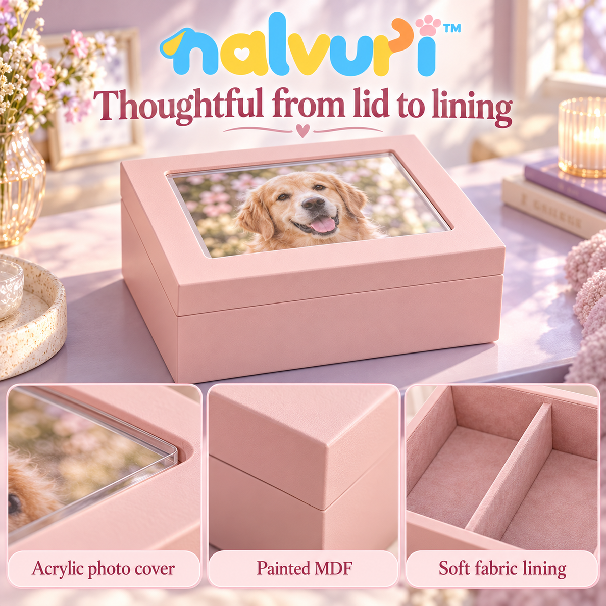 nalvuri™ MemoryNest Pet Keepsake Box, Photo-Lid Dog & Cat Memorial Storage for Collars, Tags, Cards & Small Mementos