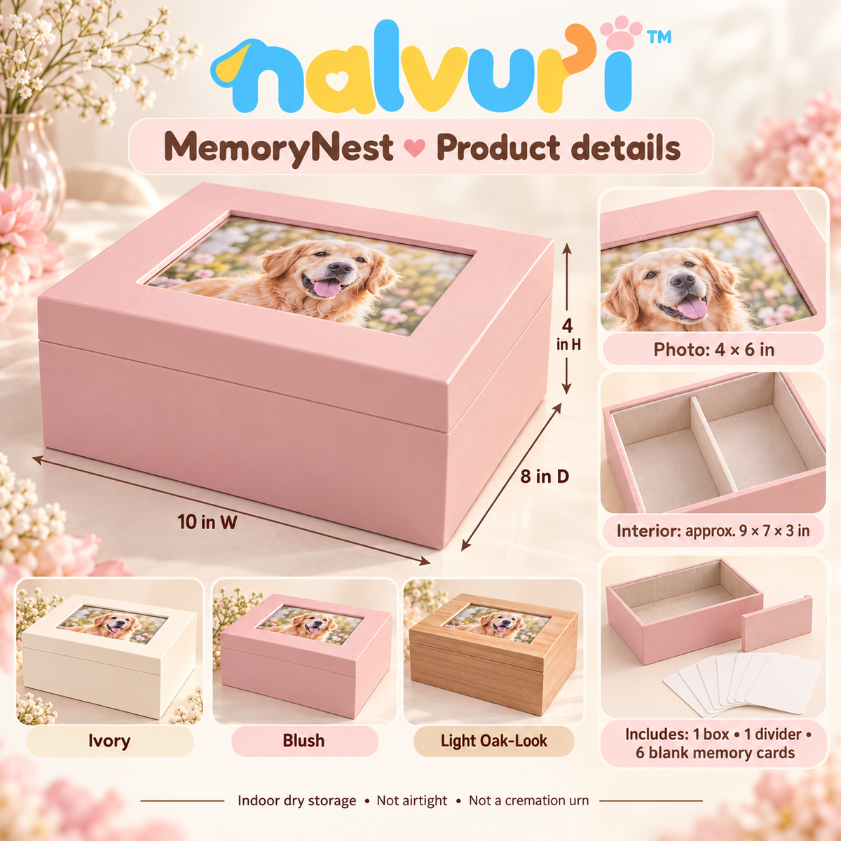 nalvuri™ MemoryNest Pet Keepsake Box, Photo-Lid Dog & Cat Memorial Storage for Collars, Tags, Cards & Small Mementos