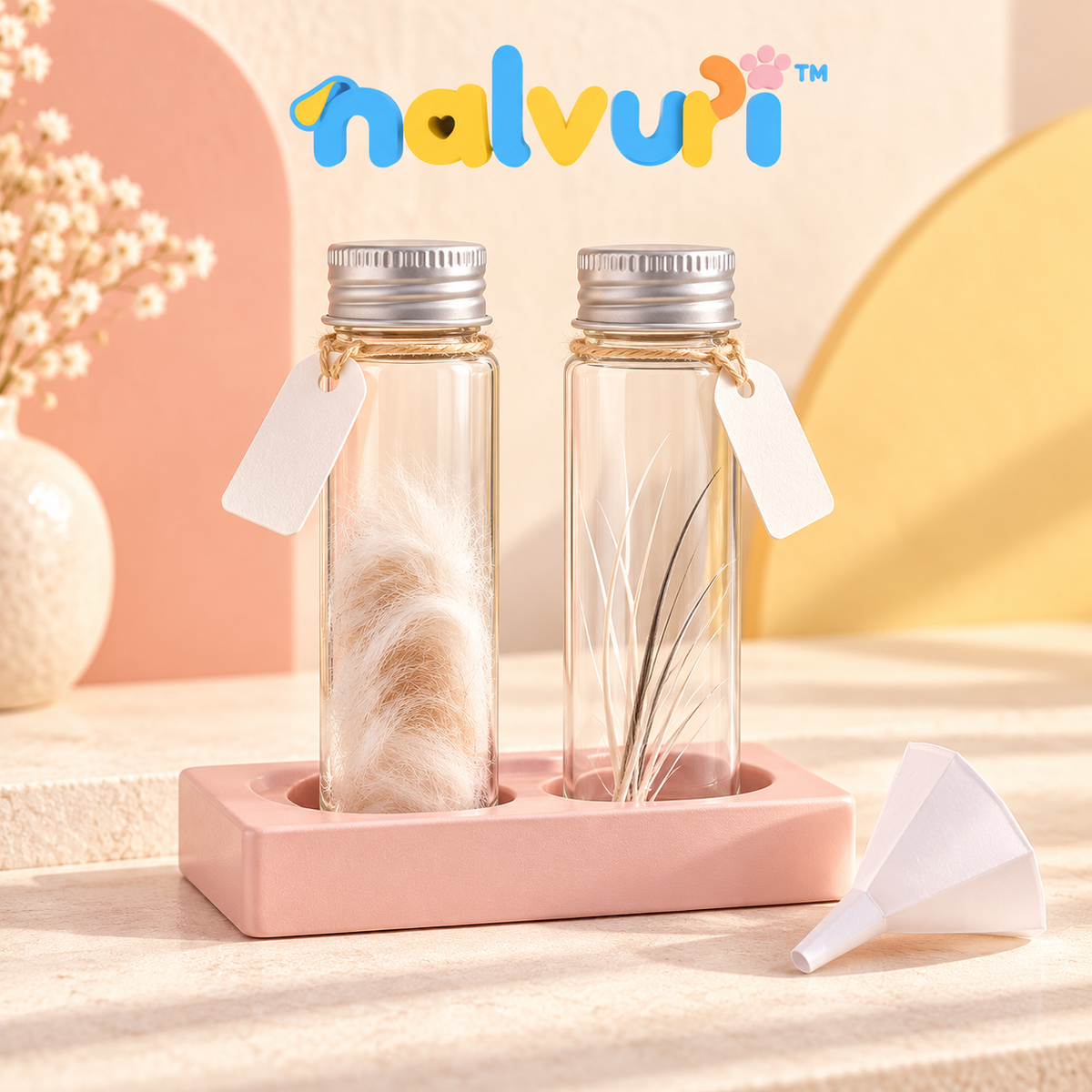nalvuri™ LittleTuft Pet Fur & Whisker Keepsake Jar Set, Two Glass Memory Bottles with Name Tags & Display Tray