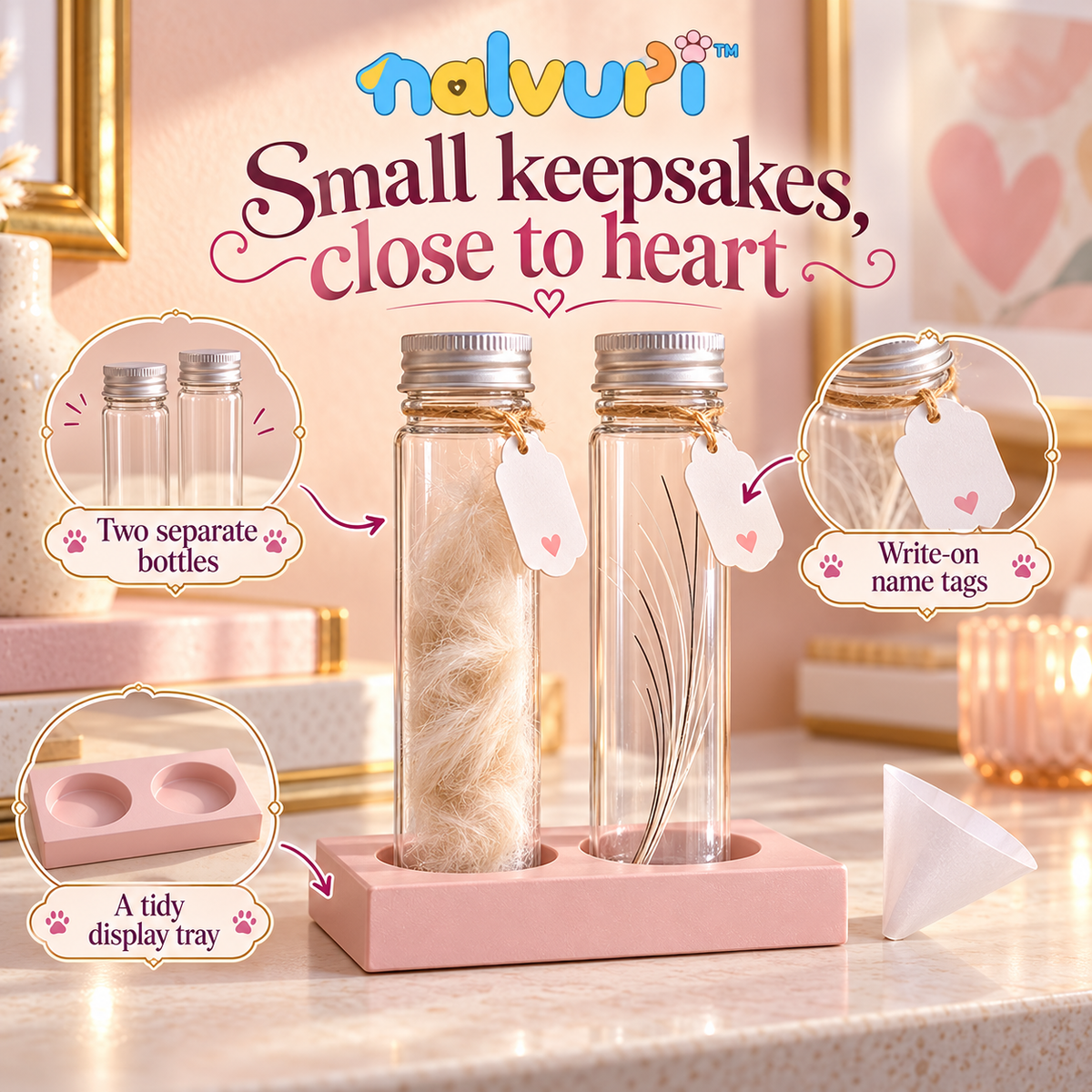 nalvuri™ LittleTuft Pet Fur & Whisker Keepsake Jar Set, Two Glass Memory Bottles with Name Tags & Display Tray