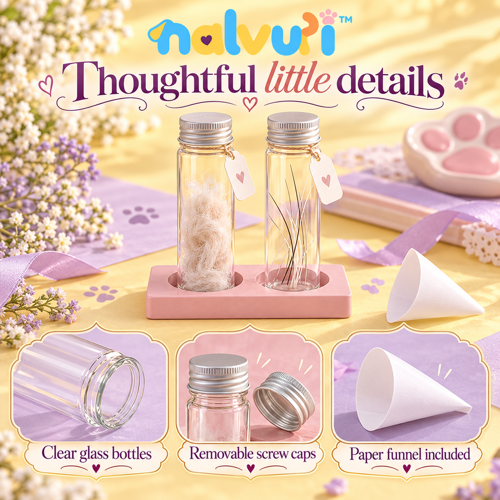 nalvuri™ LittleTuft Pet Fur & Whisker Keepsake Jar Set, Two Glass Memory Bottles with Name Tags & Display Tray
