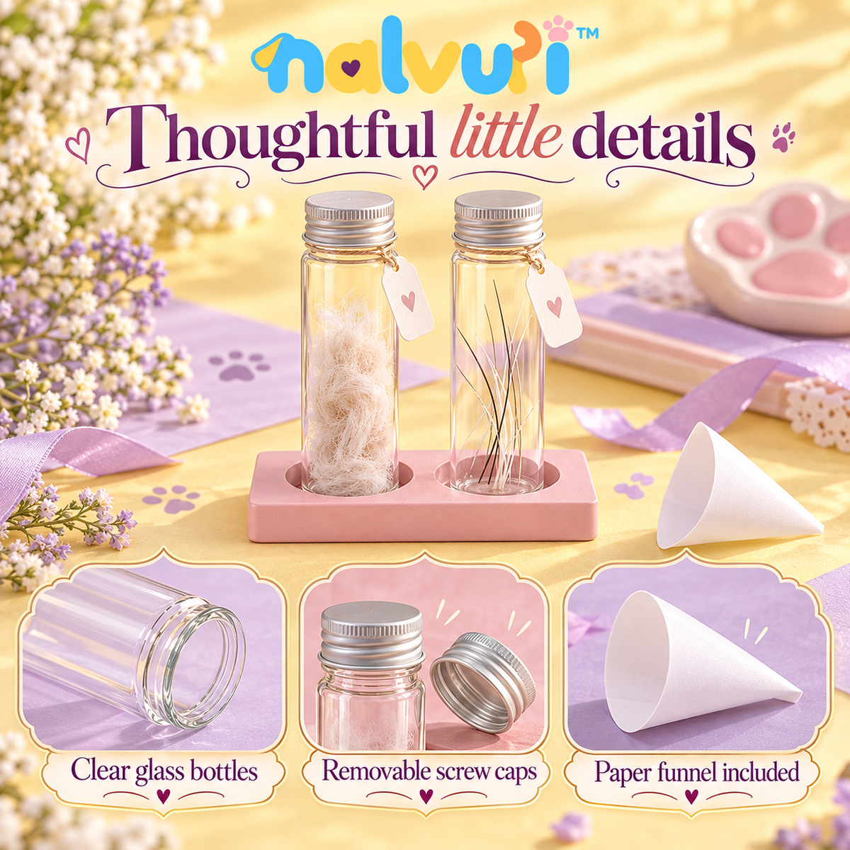 nalvuri™ LittleTuft Pet Fur & Whisker Keepsake Jar Set, Two Glass Memory Bottles with Name Tags & Display Tray