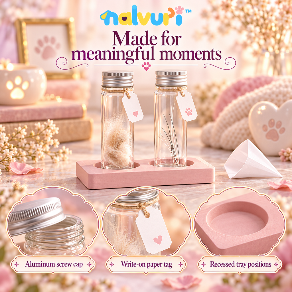 nalvuri™ LittleTuft Pet Fur & Whisker Keepsake Jar Set, Two Glass Memory Bottles with Name Tags & Display Tray