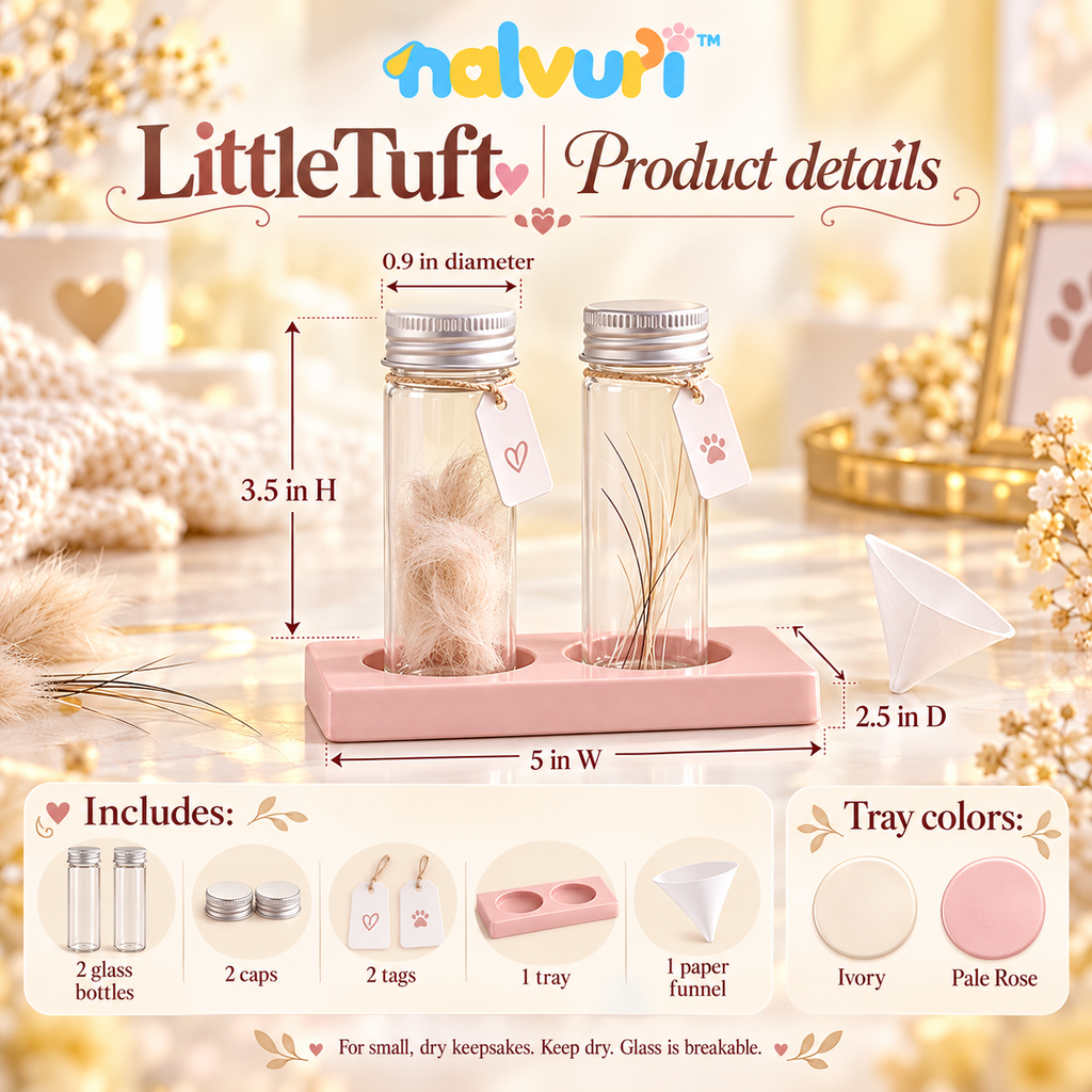 nalvuri™ LittleTuft Pet Fur & Whisker Keepsake Jar Set, Two Glass Memory Bottles with Name Tags & Display Tray