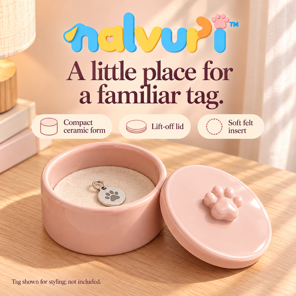 nalvuri™ TagTuck Pet Memorial Trinket Box, Ceramic Collar Tag Keepsake Dish with Lid, Dog & Cat Remembrance Storage