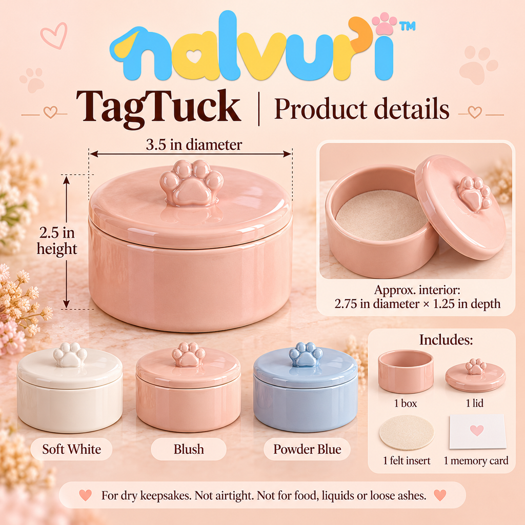 nalvuri™ TagTuck Pet Memorial Trinket Box, Ceramic Collar Tag Keepsake Dish with Lid, Dog & Cat Remembrance Storage