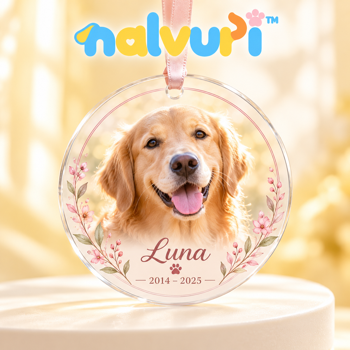 nalvuri™ PhotoHalo Personalized Pet Memorial Ornament, Round Dog & Cat Photo Keepsake with Name, Dates & Ribbon