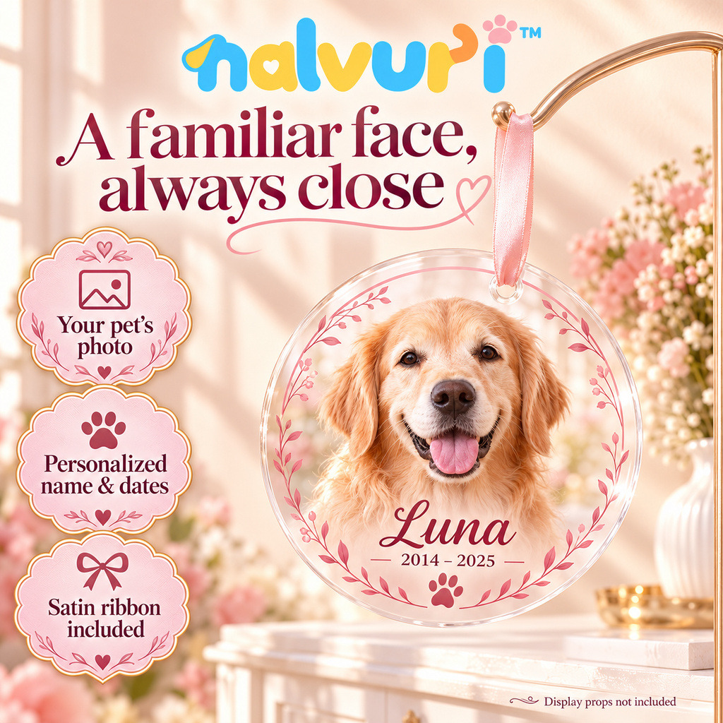 nalvuri™ PhotoHalo Personalized Pet Memorial Ornament, Round Dog & Cat Photo Keepsake with Name, Dates & Ribbon