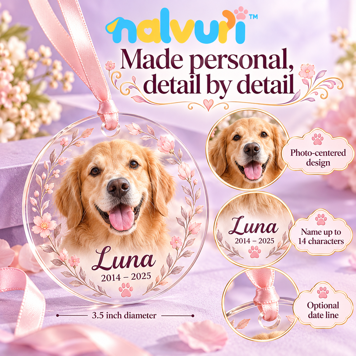 nalvuri™ PhotoHalo Personalized Pet Memorial Ornament, Round Dog & Cat Photo Keepsake with Name, Dates & Ribbon