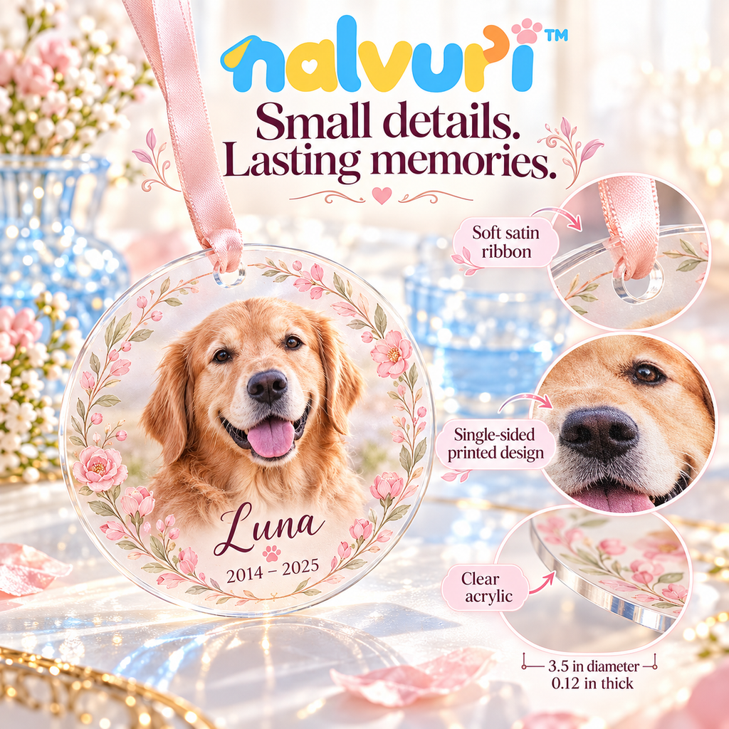 nalvuri™ PhotoHalo Personalized Pet Memorial Ornament, Round Dog & Cat Photo Keepsake with Name, Dates & Ribbon