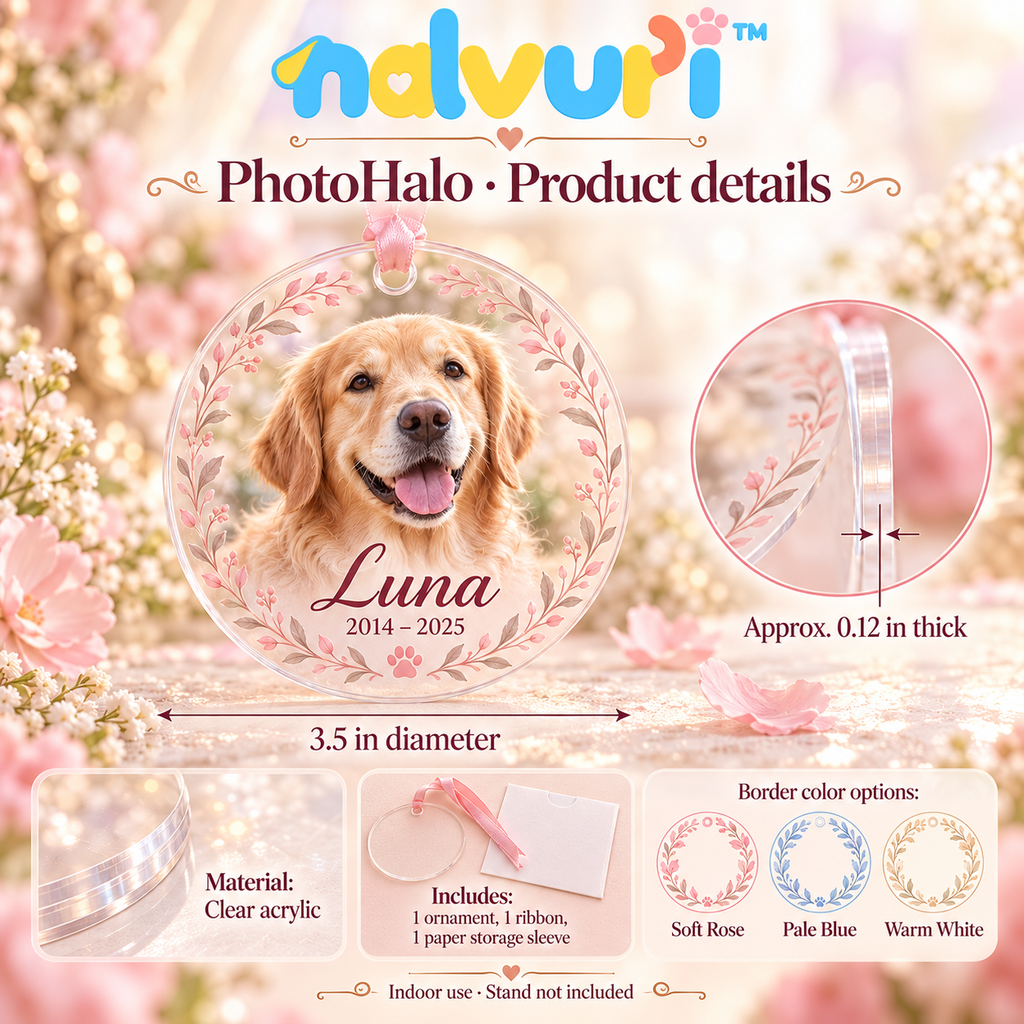 nalvuri™ PhotoHalo Personalized Pet Memorial Ornament, Round Dog & Cat Photo Keepsake with Name, Dates & Ribbon