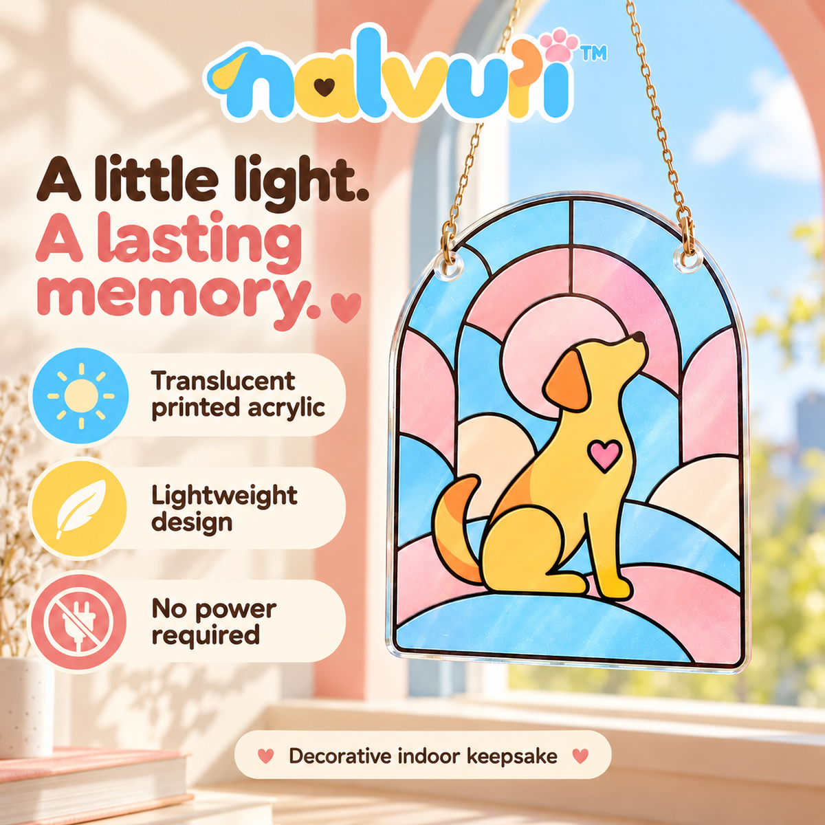 nalvuri™ WindowPaw Pet Memorial Suncatcher, Decorative Printed Acrylic Window Hanging with Dog or Cat Silhouette