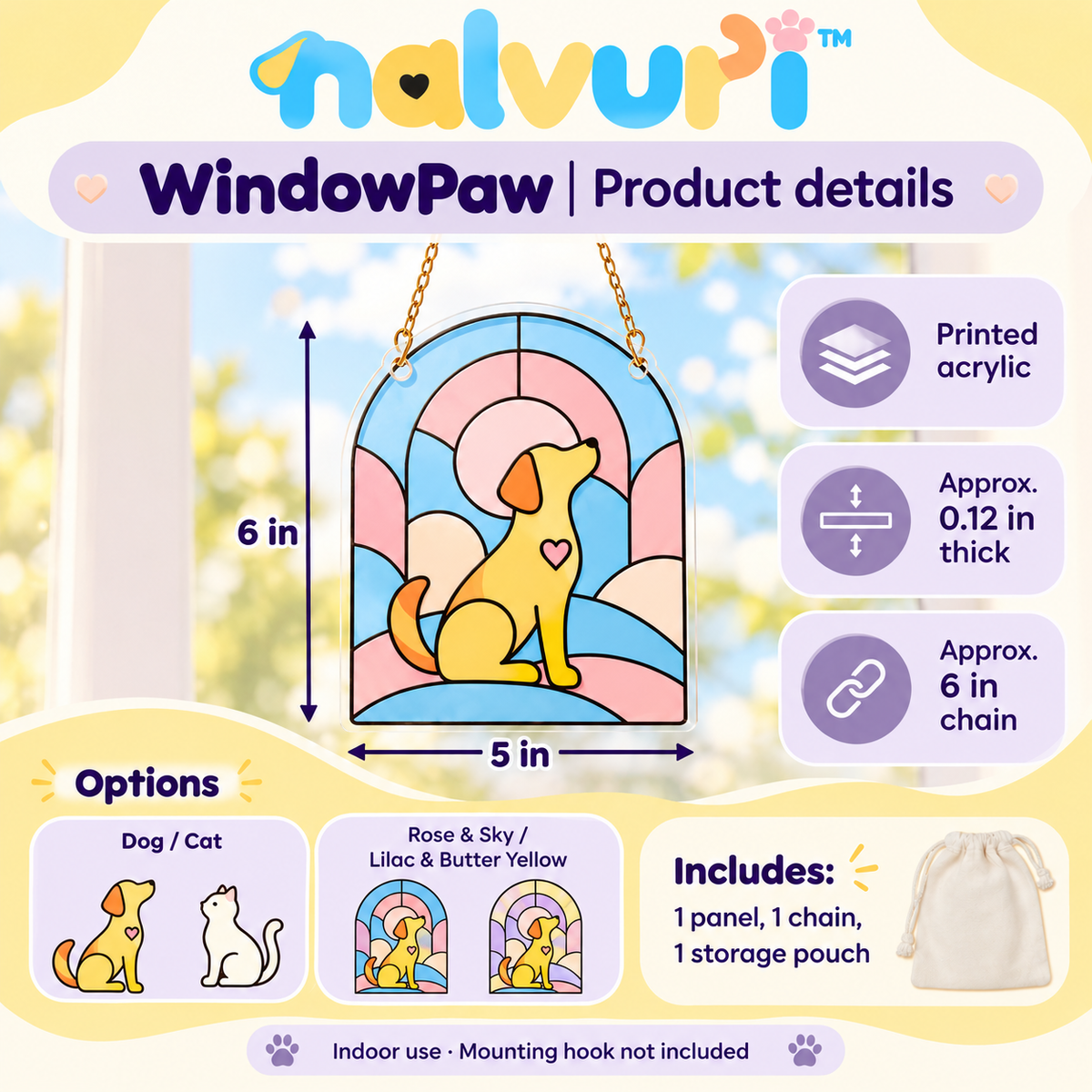 nalvuri™ WindowPaw Pet Memorial Suncatcher, Decorative Printed Acrylic Window Hanging with Dog or Cat Silhouette