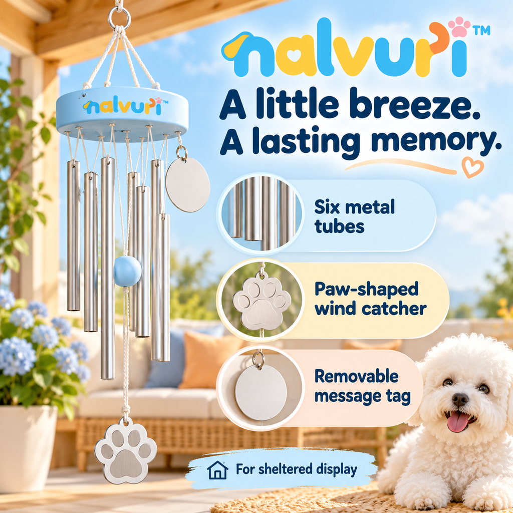 nalvuri™ GentleEcho Pet Memorial Wind Chime, 24-Inch Hanging Remembrance Decor with Six Metal Tubes & Paw Charm