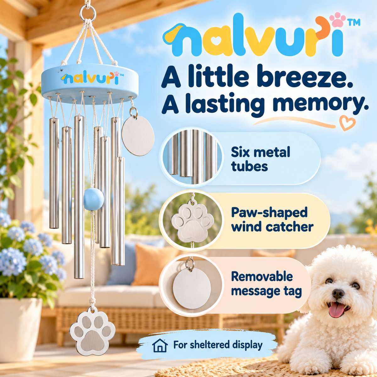 nalvuri™ GentleEcho Pet Memorial Wind Chime, 24-Inch Hanging Remembrance Decor with Six Metal Tubes & Paw Charm