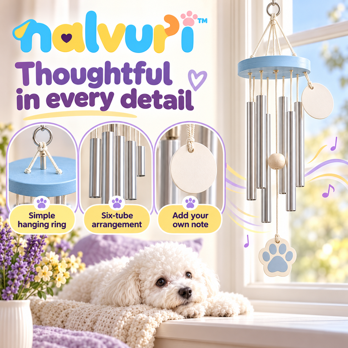 nalvuri™ GentleEcho Pet Memorial Wind Chime, 24-Inch Hanging Remembrance Decor with Six Metal Tubes & Paw Charm