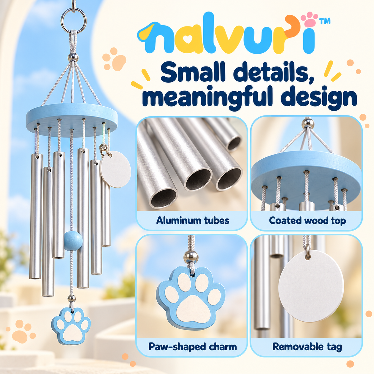 nalvuri™ GentleEcho Pet Memorial Wind Chime, 24-Inch Hanging Remembrance Decor with Six Metal Tubes & Paw Charm