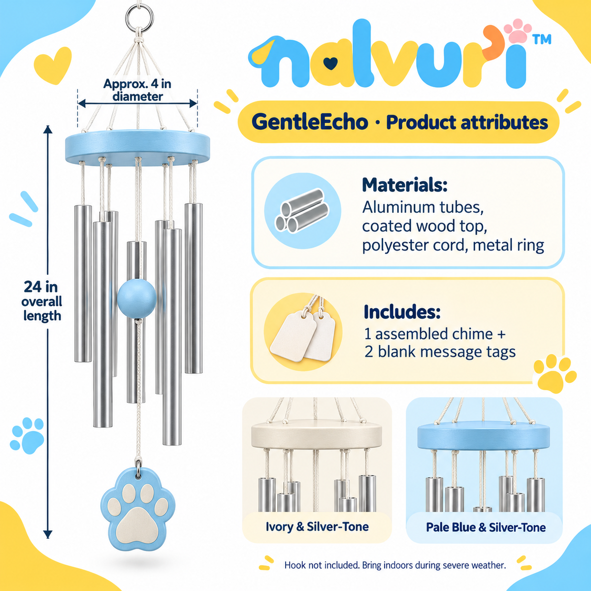 nalvuri™ GentleEcho Pet Memorial Wind Chime, 24-Inch Hanging Remembrance Decor with Six Metal Tubes & Paw Charm