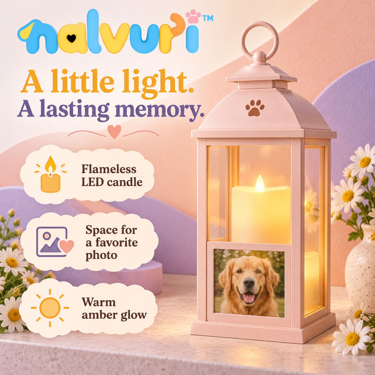 nalvuri™ QuietGlow Pet Memorial Lantern, 10-Inch Indoor Remembrance Light with Flameless LED Candle & Photo Slot