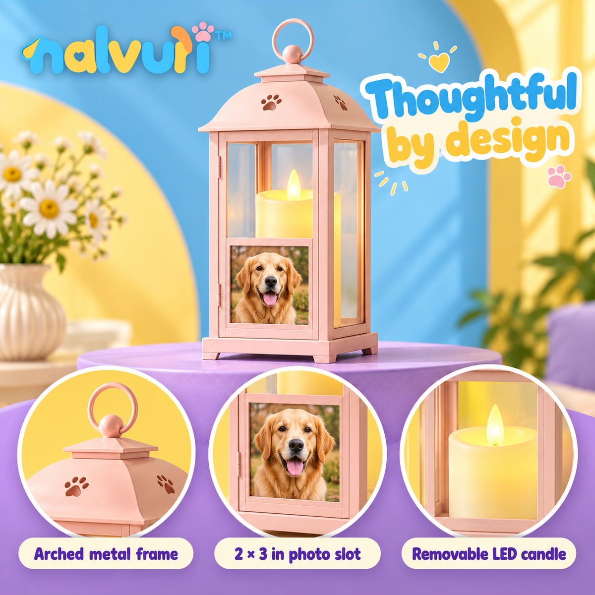 nalvuri™ QuietGlow Pet Memorial Lantern, 10-Inch Indoor Remembrance Light with Flameless LED Candle & Photo Slot