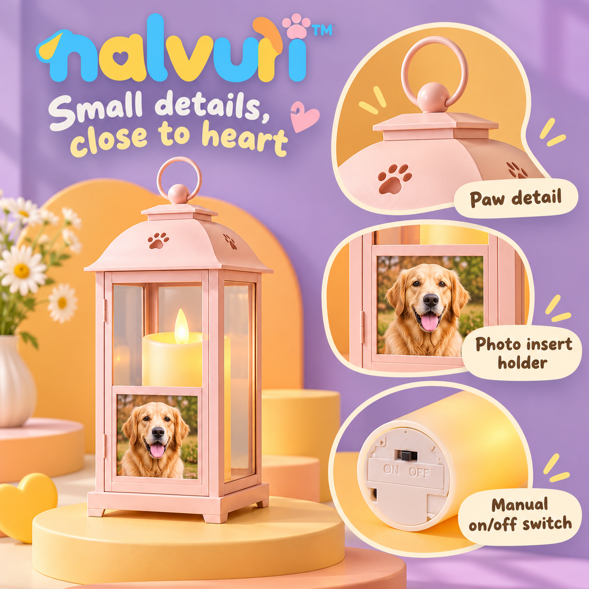 nalvuri™ QuietGlow Pet Memorial Lantern, 10-Inch Indoor Remembrance Light with Flameless LED Candle & Photo Slot