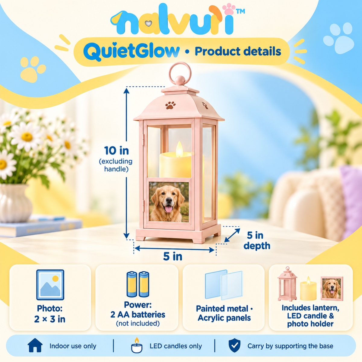 nalvuri™ QuietGlow Pet Memorial Lantern, 10-Inch Indoor Remembrance Light with Flameless LED Candle & Photo Slot