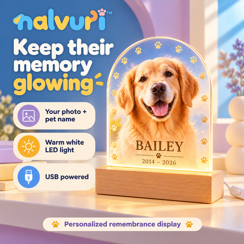 nalvuri™ NameLight Personalized Pet Memorial LED Display, Arched Acrylic Dog & Cat Photo Plaque with USB Wooden Base