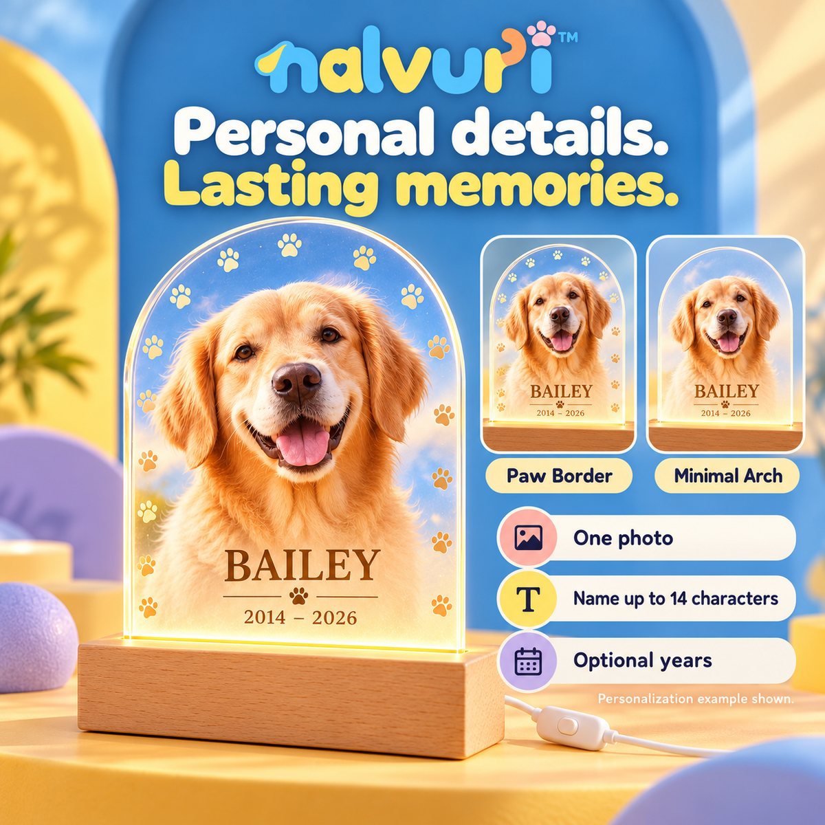 nalvuri™ NameLight Personalized Pet Memorial LED Display, Arched Acrylic Dog & Cat Photo Plaque with USB Wooden Base