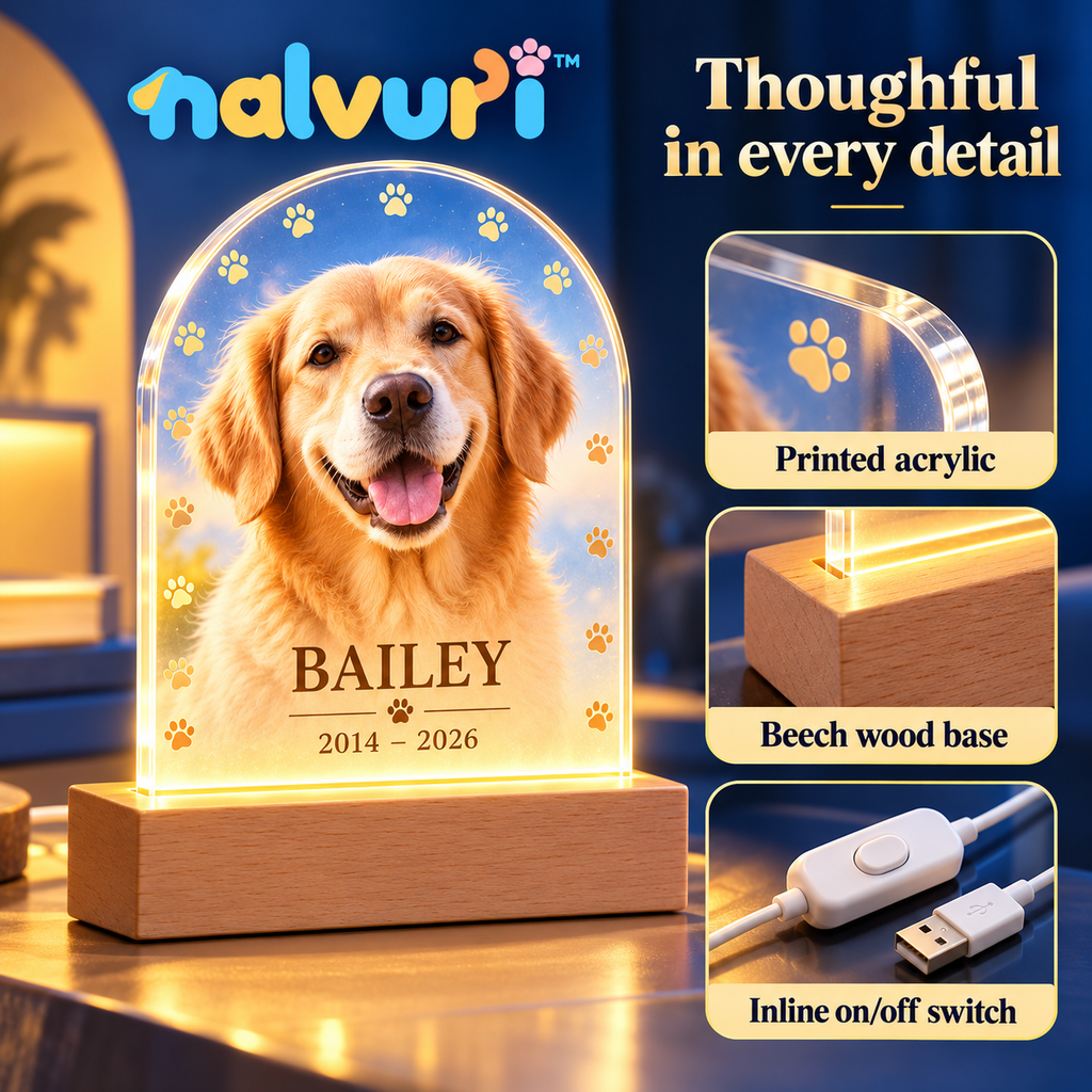 nalvuri™ NameLight Personalized Pet Memorial LED Display, Arched Acrylic Dog & Cat Photo Plaque with USB Wooden Base