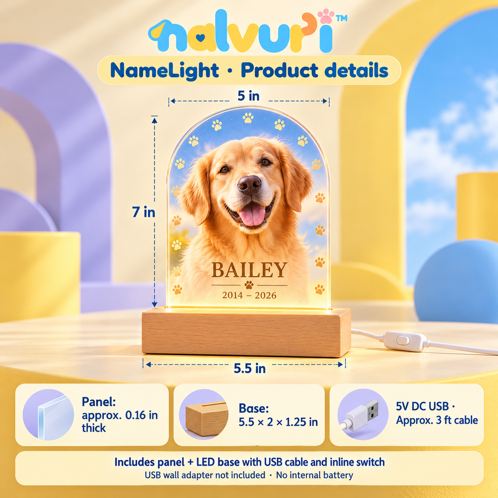 nalvuri™ NameLight Personalized Pet Memorial LED Display, Arched Acrylic Dog & Cat Photo Plaque with USB Wooden Base