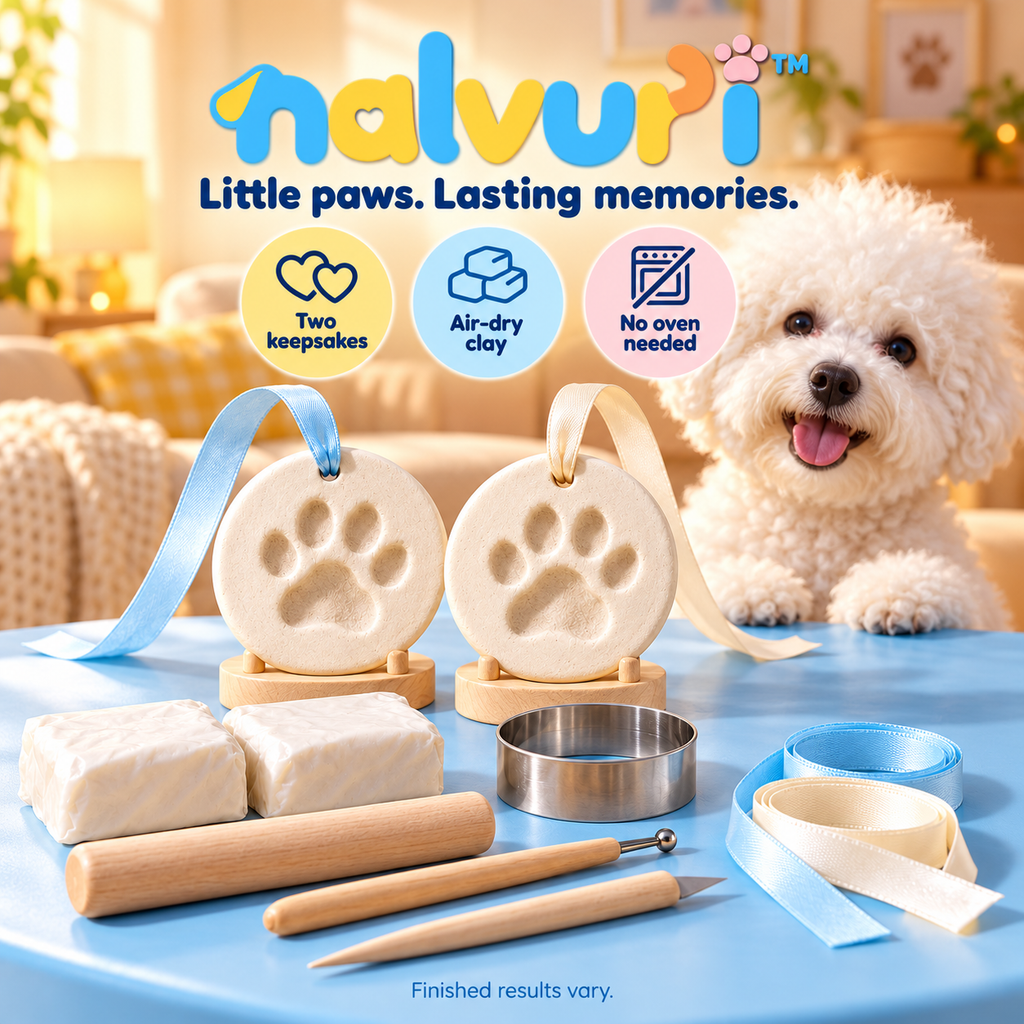 nalvuri™ PawCircle Air-Dry Clay Pet Paw Print Ornament Kit, Two Round Dog & Cat Keepsakes with Hanging Ribbons