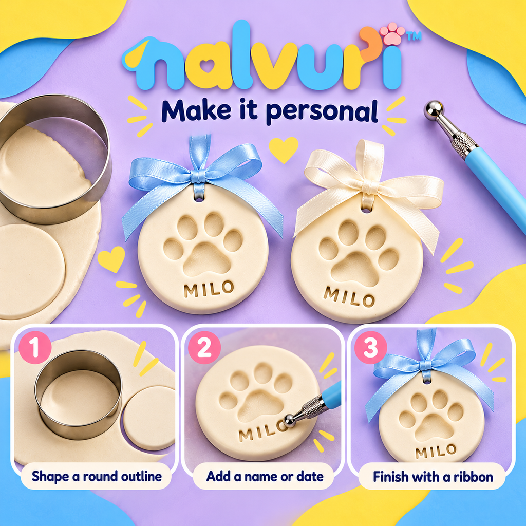 nalvuri™ PawCircle Air-Dry Clay Pet Paw Print Ornament Kit, Two Round Dog & Cat Keepsakes with Hanging Ribbons