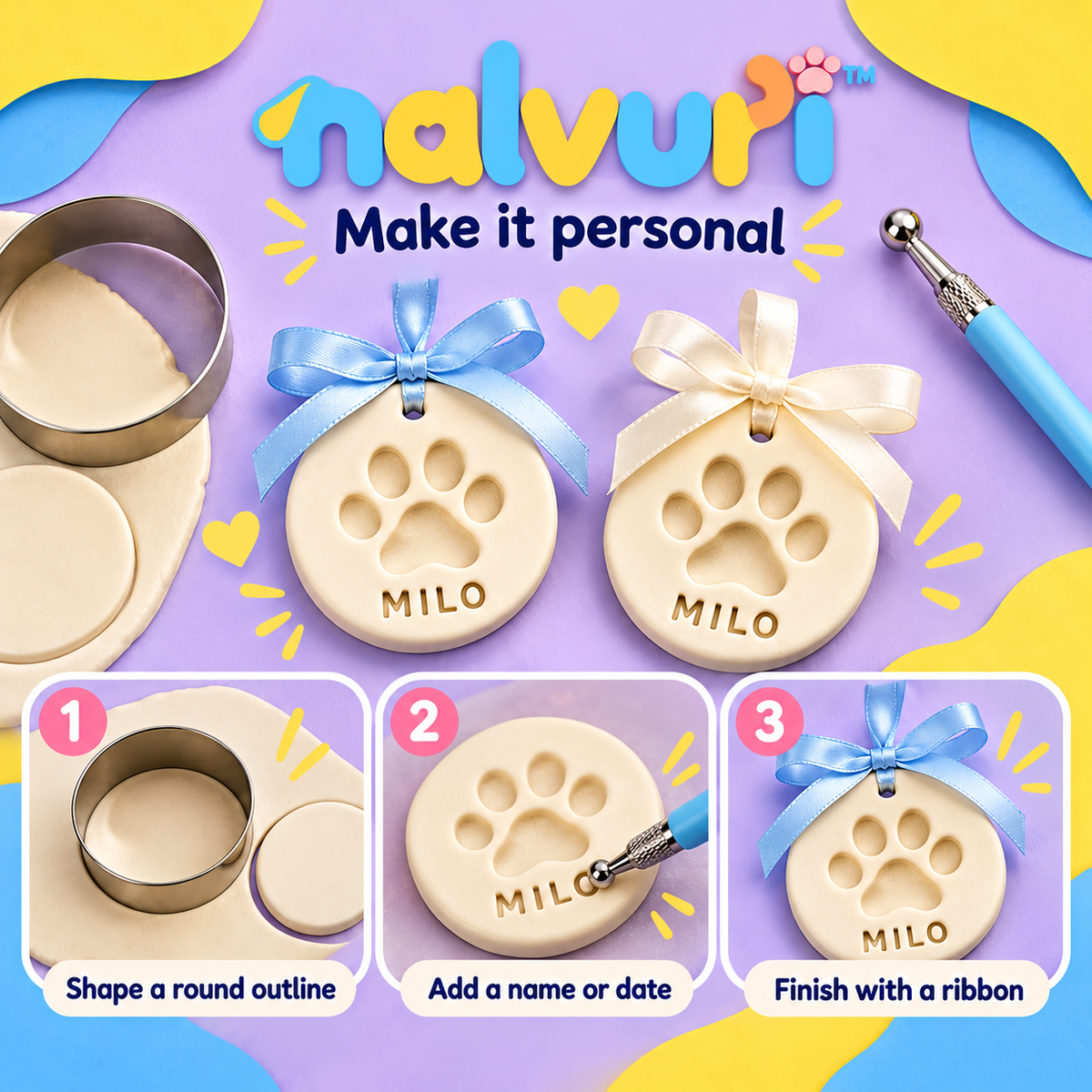 nalvuri™ PawCircle Air-Dry Clay Pet Paw Print Ornament Kit, Two Round Dog & Cat Keepsakes with Hanging Ribbons