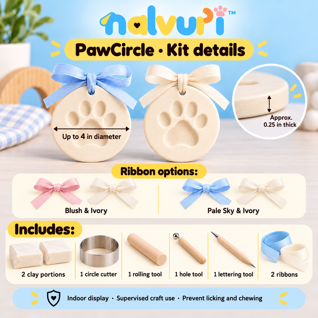 nalvuri™ PawCircle Air-Dry Clay Pet Paw Print Ornament Kit, Two Round Dog & Cat Keepsakes with Hanging Ribbons