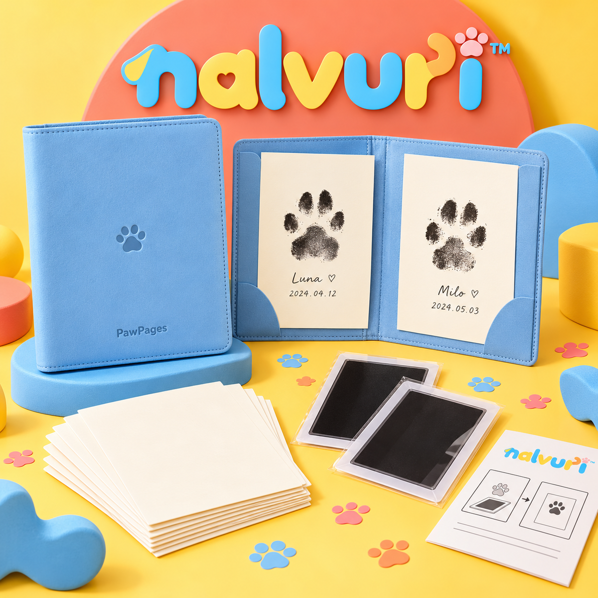 nalvuri™ PawPages Dog & Cat Paw Print Keepsake Kit, Two No-Ink-Contact Pads, Eight Cards & Memory Folio