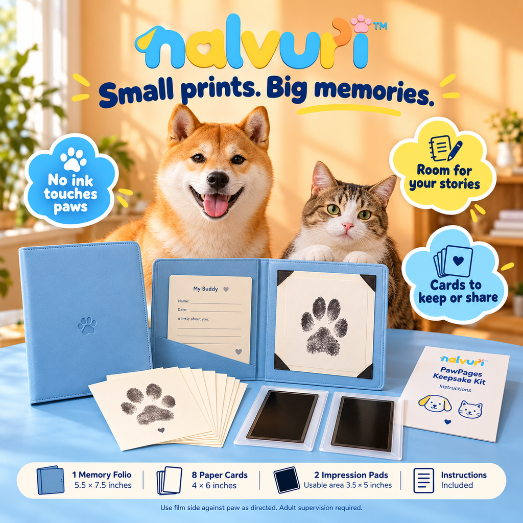 nalvuri™ PawPages Dog & Cat Paw Print Keepsake Kit, Two No-Ink-Contact Pads, Eight Cards & Memory Folio